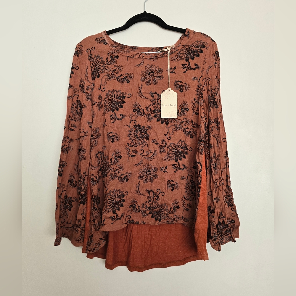 Hem & Thread lace up back floral blouse Burnt Orange And Black